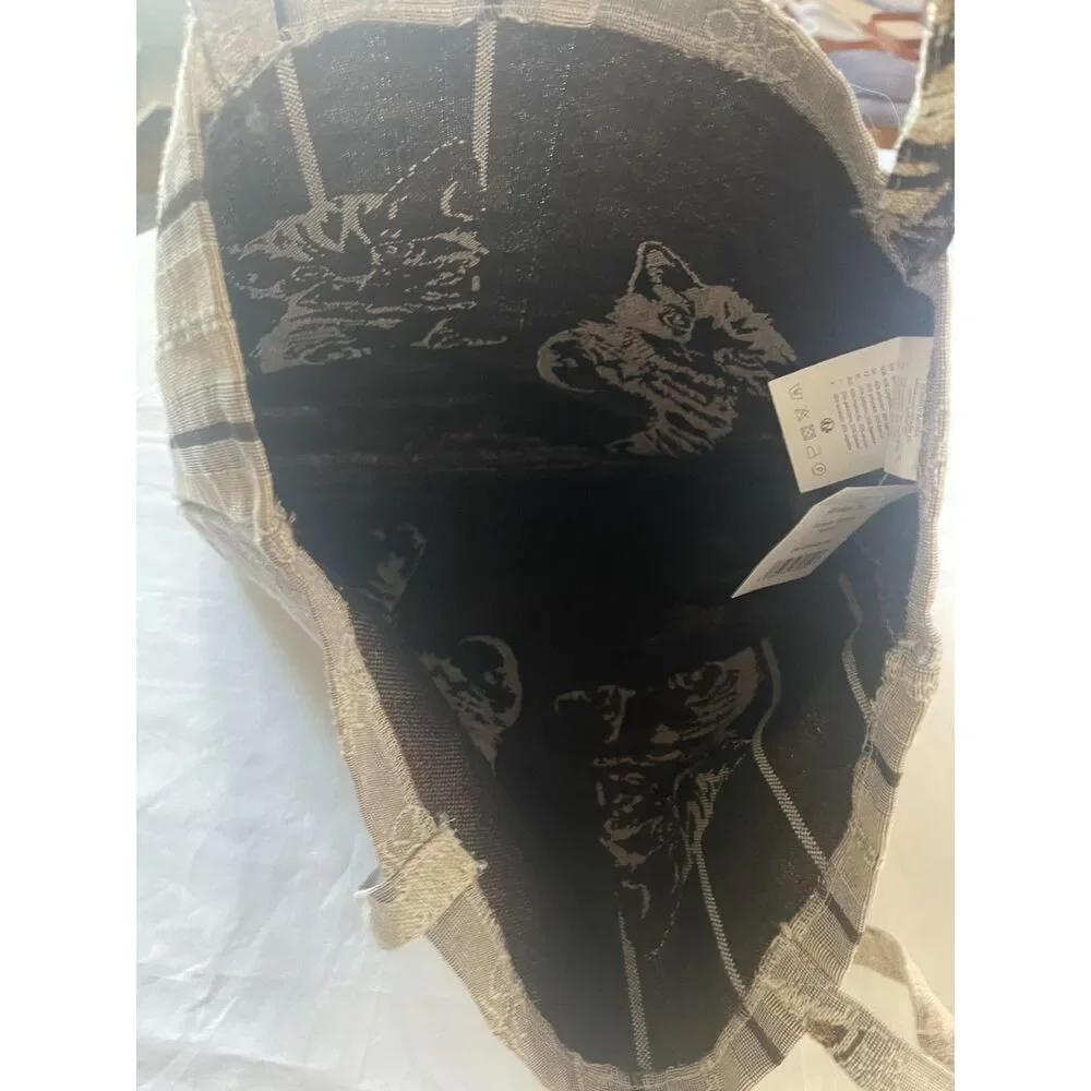 Vintage Tapestry Cat Tote Bag Large Black Gray Cotton Canvas Handmade NOS 16x16